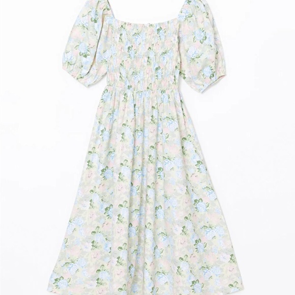 NWOT XSIDE Square Neck Floral Pastel Poplin Midi Puff Sleeve Dress Cottagecore S - Picture 5 of 9